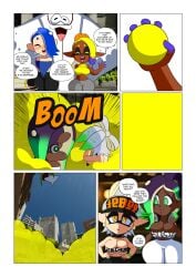 big_breasts big_man_(splatoon) black_hair blue_hair comic comic_page deep_cut_(splatoon) frye_(splatoon) marie_(splatoon) marina_(splatoon) shiver_(splatoon) smoke_bomb splatoon splatoon_3 tagme tansau tentacle_hair tight_clothing white_hair wide_hips yellow_hair