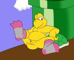 1boy aaron_amethyst absurd_res anthro balls clothing footwear footwear_only genitals hi_res koopa koopa_troopa male male_only mario_(series) mostly_nude nintendo nude penis reptile scalie slightly_chubby small_penis smile socks socks_only solo yellow_body