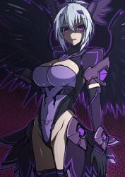 aoi_tabane black_wings corruption crossover elbow_gloves evil_smile female genderswap_(mtf) kampfer kouyoku_senki_exs-tia leotard looking_at_viewer magical_girl purple_eyes senou_natsuru showgirl_skirt solo thighhighs white_hair wings