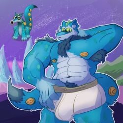 1boy anthro anthro_on_anthro bara blue_fur blue_hair blue_skin buff bulge bulge_through_clothing bulge_under_clothes confused confused_expression confused_face confused_look ethereal_monster fox fox_ears fur grabbing_pants male male_only muscular muscular_anthro muscular_male muscular_male_only my_singing_monsters saxophone sexy shorts sox_(msm) white_pants white_shorts zacharoo0731_(artist)