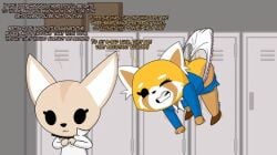 aggretsuko ass_up ass_visible_through_torn_clothes fenneko fox_girl furry hanging_wedgie humiliation locker_room lockers panties retsuko semidraws underwear underwear_pull uniform wedgie wedgie_comics wedgied_female wedgienerd white_panties