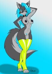 anthro areola athletic black_areola black_nipples blue_background blue_eyes blue_hair breasts canid canine canis claws clothing collar colored dark_flesh dark_nipples ear_piercing evelyn_omgawd eyeshadow female fluffy fluffy_tail fur genitals gradient_background grey_body grey_fur hair hi_res leggings legwear looking_at_viewer makeup mammal modelling multicolored_body multicolored_fur navel navel_piercing neon nipple_piercing nipples nude omgawd paws piercing pinup pose pubes pussy sexy_eyes simple_background solo stockings tail two_tone_body two_tone_fur walking wolf yellow_clothing yellow_legwear yellow_stockings