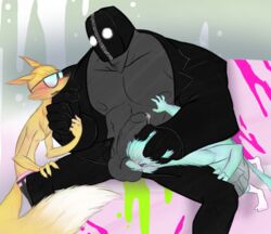 abstract_background anthro balls bouncer_(studio_killers) canine clothed clothing dyna_mink eyewear fox furry glasses gloves goldie_foxx group head_grab human human_on_anthro interspecies legwear male male_only mammal mask mustelid penis precum rolz sitting socks studio_killers topless yaoi