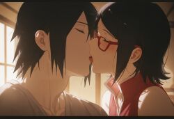 1boy 1girls 2d_(artwork) 2d_artwork age_difference ai_generated black_hair boruto:_naruto_next_generations comic_style father_and_daughter female height_difference incest kissing male male/female naruto naruto_(series) sarada_uchiha sasuke_uchiha straight teenage_female teenager