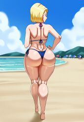 ai_generated android_18 android_18_(pinkpawg) ass_focus backside beach beach_umbrella big_ass big_breasts bikini blue_bikini bwcb4at(artist) curvy_body curvy_milf dragon_ball looking_to_the_side mountains ocean pinkpawg pinkpawg(artstyle) pulling_panties sand sunny thick_thighs walking