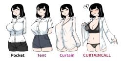 2d 2d_(artwork) 2d_artwork ^_^ arms_behind_back black_bra black_eyes black_hair black_panties black_pants blouse blush bottomless bra breasts cleavage closed_eyes collared_shirt covered_erect_nipples cowboy_shot cropped_legs curtain_call_challenge_(meme) dress_shirt english_text female half-closed_eyes heart high-waist_shorts highres large_breasts legs_together long_hair long_sleeves looking_at_viewer medium_hair meme multiple_views naked_shirt navel no_bra open_clothes open_shirt opened_by_self original panties pants see-through_clothes see-through_shirt shirt shirt_tucked_in short_shorts short_sleeves shorts simple_background sleeves_past_wrists smile speech_bubble spoken_heart standing taut_clothes taut_shirt text underwear vvarstromig white_background white_shirt