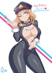 1girls absurdres big_breasts bimbo blowing_kiss blush body_writing bodysuit breasts busty camie_utsushimi catsuit cleavage female female_only highres hourglass_figure large_breasts looking_at_viewer my_hero_academia peaked_cap shiketsu_high_school_cap skin_tight solo text theironmountain unzipped voluptuous wink wrist_cuffs zipper