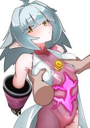 1boy 1girls blush breast_massage duel_masters duel_masters_play's expressionless groping jacket lifted_by_another looking_at_viewer medium_breasts open_jacket vivi_(duel_masters_play's)