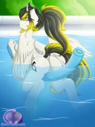 2018 alicorn anthro anus ass breasts digital_media_(artwork) equine female frown fur hair hi_res horn long_hair looking_at_viewer looking_back mammal manestream_studios multicolored_hair my_little_pony negatina nipples nude ponytail pool_noodle pussy solo swimming_pool two_tone_hair water wings