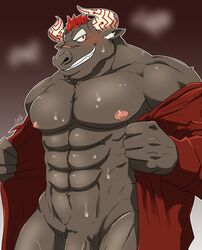 abs blush bovine clothing flaccid furry gyumao horn male male_only mammal mostly_nude muscles muscular muscular_male nipples noll423z pecs penis penis_base robe solo sweat tokyo_afterschool_summoners undressing wide_hips