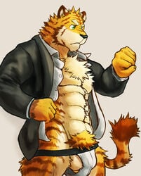 1boy 2017 5_fingers abs anthro black_nose chest_tuft clothed clothing feline fur green_eyes male male_only mammal muscular muscular_male simple_background solo striped_fur stripes tiger tuft tupidwithouts underwear white_underwear