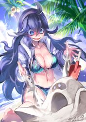 1girls 2016 abs alolan_exeggutor alternate_breast_size ambiguous_gender ario beach breasts cleavage dated dragon exeggutor feral ghost hex_maniac large_breasts nintendo plant pokemon pokemon_sm pokemon_xy purple_eyes purple_hair sand sandygast scalie smile spiral_eyes swimsuit text watermark wet