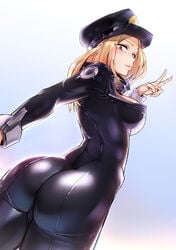 1girls ass big_breasts blonde_hair bodysuit breasts busty camie_utsushimi female female_only kid_(artist) long_hair my_hero_academia peaked_cap police_hat police_uniform shiketsu_high_school_cap shiny shiny_suit sideboob solo