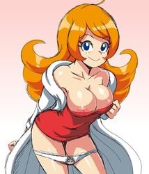 1girls big_breasts blue_eyes breasts cleavage coat eyebrows_visible_through_hair female female_only human lewdamone long_orange_hair looking_at_viewer mario_(series) mona_(warioware) nintendo orange_hair panties panties_down red_dress simple_background smile solo wario_(series) warioware white_panties