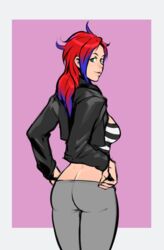 animated blue_hair cleavage female green_eyes izra jacket midriff panties red_hair solo two_tone_hair undressing