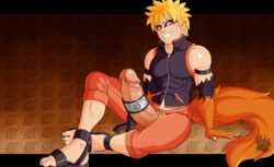 abs big_penis blackbear blonde_hair claws cock_ring erection evil_grin evil_smile eyeliner fox_tail headband kurama male male_focus male_only muscle muscles muscular muscular_male naruto naruto_shippuden orange_tail pants penis penis_out penis_through_fly red_eyes sandals shirt sitting solo solo_focus tail uzumaki_naruto vein veiny_penis wishkers