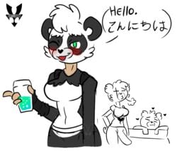 anthro bear bear_suit blush bodysuit breasts christomwow cuddle_team_leader cute dickgirl drink drunk erection erection_under_clothes fortnite fursuit futanari hand_on_ass herm intersex japanese_text panda panda_team_leader