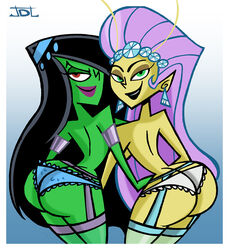 2girls ass back_view black_lipstick crossover crossover_pairing danny_phantom desiree garter_belt ghost ghost_girl green_skin javidluffy looking_at_viewer looking_back multiple_females nickelodeon panties princess_mandie red_eyes straight_hair the_fairly_oddparents topless