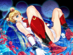 1girls ankle_cuffs arion_canvas ass bishoujo_senshi_sailor_moon blonde_hair bondage boots bow cameltoe chains choker clock clothing female female_only femsub foreshortening gloves highres long_hair looking_at_viewer magical_girl miniskirt nipples nude panties petals pleated_skirt red_bow restrained sailor_moon school_uniform skirt small_breasts spread_legs twintails usagi_tsukino wrist_cuffs