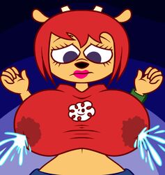 1girls 5_fingers anthro bangs blue_eyes breasts clothing curvy erect_nipples female female_only frown furry horns hourglass_figure hyper hyper_breasts hyperflannel lactation lactation_through_clothes lactation_without_expressing lammy_lamb lipstick mammal navel nipple_bulge nipples orange_fur ovine parappa_the_rapper red_hair sheep tight_clothing trying_not_to_lactate um_jammer_lammy watch wide_hips wristwear