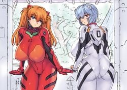 2girls ass asuka_langley_sohryu backboob big_ass big_breasts bimbo blue_hair blush bodysuit breasts clothing curvy dat_ass duo erect_nipples erect_nipples_under_clothes expressionless female female_only gainax highres huge_ass huge_breasts human interface_headset large_breasts light-skinned_female light_skin long_hair looking_at_viewer looking_back mogudan multiple_girls neon_genesis_evangelion nipples no_bra orange_hair pale-skinned_female pale_skin pilot_suit plugsuit rei_ayanami shiny shiny_skin short_hair thick_thighs tight_clothing voluptuous wide_hips