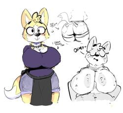 2018 anthro areola artist_request ass big_breasts big_butt breasts canine cleavage closed_eyes clothed clothing corgi cum cum_between_breasts denim_shorts dialogue dipstick_tail elchilenito english_text eyelashes female freckles front_view fur hair hands_behind_back huge_breasts looking_at_viewer lying male mammal multicolored_tail multiple_scenes navel neck_tuft nipple_bulge nipples nude on_back open_mouth open_smile orgasm outercourse paizuri pearl_necklace rear_view sex shirt shorts sketch smile solo_focus standing straight text tuft