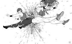 2girls ass_to_ass black_and_white captain_mizuki crushing female female_only guro long_hair medals monster one-punch_man open_mouth ripped_clothing ripped_jeans sweat tagme tanktop_girl thegoldensmurf white_background