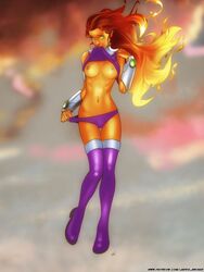 alien alien_girl boots dc dc_comics female female_only flashing japes koriand'r long_hair orange_skin red_hair redhead sci-fi science_fiction scifi shiny shy starfire teen_titans thigh_boots thighhigh_boots thighhighs