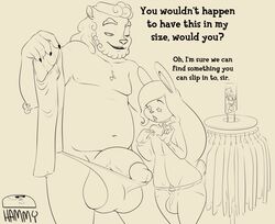 anthro balls barely_contained beard big_balls big_penis bulge clothed clothing crossdressing dialogue duo english_text facial_hair girly hammy hamster hi_res huge_balls huge_cock humanoid_penis lagomorph looking_at_penis male mammal mature_male monochrome open_mouth penis rabbit rodent slightly_chubby smile text underwear