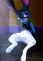 absurd_res anthro bottomless breasts clitoris closed_eyes clothed clothing disney featureless_breasts female hi_res judy_hopps lagomorph mammal open_mouth pantyhose purple_eyes pussy rabbit simple_background small_breasts solo white_legwear white_tights zigrock001 zootopia