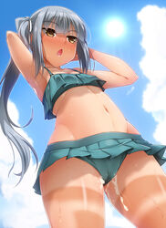 armpits arms_behind_head arms_up bangs bikini blue_sky blush breasts cameltoe cloud commentary_request cum cumdrip dark-skinned_female dark_skin day eyebrows_visible_through_hair female frilled_bikini frills from_below green_bikini hair_ribbon highres kantai_collection kasumi_(kantai_collection) long_hair navel open_mouth outdoors ribbon silver_hair sky small_breasts solo standing sun sweat swimsuit tan tanline white_ribbon yellow_eyes yoshi_tama