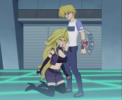 1boy 1girls animated belt blonde_hair blowjob breasts cleavage clothing fellatio female fluids heels high_heels jeans joey_wheeler jounouchi_katsuya kneeling kujaku_mai large_penis lipstick long_hair longer_than_30_seconds mai_valentine oral penis red_lipstick sfan shorts sloppy tagme thighhighs video yu-gi-oh!