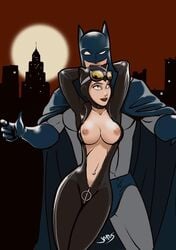 1boy 1girls batman batman_(series) bodysuit breasts breasts_out bruce_wayne catwoman dc dc_comics japes male posing seductive selina_kyle unzipped unzipped_bodysuit zipper_pull_tab