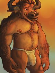 1boy 2018 anthro armpit_hair balls beard belly black_nose body_hair bovine brown_fur brown_hair brown_skin bulge bull cattle chest_hair chubby clothing digital_media_(artwork) durkdurchest_(artist) ear_piercing facial_hair flaccid forearm_hair fur furry hair hairy half_naked happy hest hi_res horn humanoid_penis large_penis male male_only mammal minotaur muscular muscular_male nipple_piercing nipples open_mouth partially_clothed pecs penis penis_under_clothes piercing portrait see-through see-through_clothing see-through_underwear sheer_clothing simple_background sky smile snout solo standing sunny sunset teeth topless underwear warm_colors white_underwear