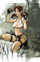 gun japes kneeling lara_croft lara_croft_(classic) see-through tomb_raider underboob weapon wet_shirt