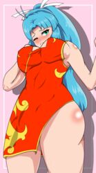 1girls blue_hair blush blushing camelot chinese_clothes chinese_dress codenamedeepthroat embarrassed female_only frown golden_sun green_eyes hair_ribbon hair_tie large_breasts long_hair mia_(golden_sun) nintendo no_bra one_eye_closed ponytail solo sweat tears thick thick_thighs very_long_hair wince