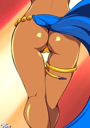 1girls alternate_costume arabian_clothes ass ass_focus back close-up dancer dancer_outfit dancer_shantae dark-skinned_female dark_skin female female_only gradient gradient_background harem_outfit head_out_of_frame highres loincloth partially_retracted_foreskin pelvic_curtain pepipopo shantae shantae_(character) shantae_and_the_pirate's_curse solo thigh_gap thigh_strap thighlet thong