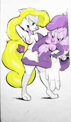 3_toes 4_fingers animaniacs anthro bedroom_eyes blonde_hair breasts clitoris cruelpastry drooling duo female fifi_la_fume fur hair half-closed_eyes hi_res licking licking_lips long_hair mammal minerva_mink mink mustelid navel nipples nude open_mouth paws purple_fur purple_hair pussy saliva seductive sex simple_background skunk spread_legs spreading standing standing_sex tiny_toon_adventures toes tongue tongue_out tribadism warner_brothers white_background white_fur yuri