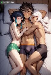 3boys ai_generated armpits arms_around_waist arms_up closed_eyes cuddling cyno_(genshin_impact) dark-skinned_male dark_hair dark_skin femboy genshin_impact gentle hugging interracial light-skinned_male light_skin male male_only on_back on_bed sethos_(genshin_impact) sissy sleeping smile twink underwear underwear_only venti_(genshin_impact) yasuhikonsfw