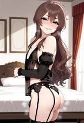 1boy 1femboy 2025 ai_generated alternate_version_available ass bed bed_sheet bedroom big_ass black_lingerie black_panties black_underwear blush brown_hair crossdressing day daytime femboy feminine_male girly green_eyes indoors kono_subarashii_sekai_ni_shukufuku_wo! lingerie looking_at_viewer male nelethos nipples panties satou_kazuma solo sweat sweatdrop trap underwear