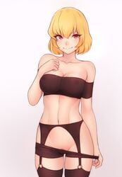 1girls abs areolae bare_shoulders big_breasts black_legwear black_underwear blonde_hair bluefield blush breasts cameltoe clementine_(overlord) erect_nipples female female_only hand_on_chest large_breasts navel overlord_(maruyama) panties_down panties_pulled_down pubic_hair red_eyes short_hair smile solo source_request thigh_gap white_background