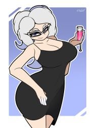 1girls 1nkdax 2d_(artwork) black_dress cleavage digital_drawing_(artwork) digital_media_(artwork) dress female female_focus female_only looking_at_viewer octoling octoling_girl pose posing posing_for_the_viewer purple_eyes splatoon splatoon_3 twitter_link twitter_username white_hair wine wine_glass