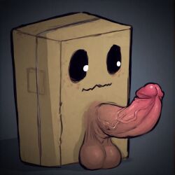 adorable balls balls_on_floor ballsack black_eyes box cardboard cardboard_box cute erection freckles freckles_on_face inanimate looking_away penis shy simple_background solo testicles