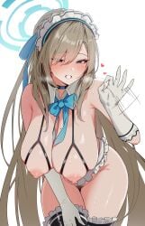 absurdres apron asuna_(blue_archive) bare_shoulders blonde_hair blue_archive blue_bow blue_bowtie blue_eyes blue_halo blush bow bowtie breasts choker cleavage collarbone detached_collar female female_pubic_hair frilled_apron frilled_thighhighs frills gimdeogjun gloves groin hair_over_one_eye halo handjob_gesture highres large_breasts long_hair looking_at_viewer maid_apron mole mole_on_breast nipples pubic_hair smile solo thighhighs thighs very_long_hair white_gloves