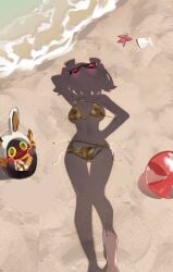 (meme),female (zenless @,aviator bikini bikini,implied bottom,unworn commentary,highres,absurdres eyewear,dressed eyewear,sand,shadow,standing,starfish,sunglasses,swimsuit,tinted eyewear,toenails,toes,unworn nudity,meme,outdoors,pov,red-tinted pov,fingernails,gold ppangchil,zenless shadow sunglasses,ball,barefoot,beach,beachball,bikini,black-framed top,commentary,symbol-only white,eous zero),1girl,@ zero,burnice zone