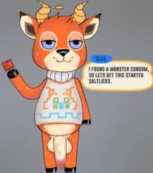 1boy animal_crossing antelope anthro balls beau_(animal_crossing) big_balls big_penis bottomless clothed clothing condom frosterss furry grey_background hi_res horn humanoid_penis male male_only mammal nintendo penis simple_background solo sweat text video_games