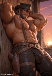 abs ai_generated alpha_male arthur_morgan bara biceps big_bulge bulge clothing daddy dilf male male_nipples male_only manly mature_male muscular muscular_male nightsurferai nipples pecs red_dead_redemption_(series) red_dead_redemption_2 rockstar_games tight_clothing