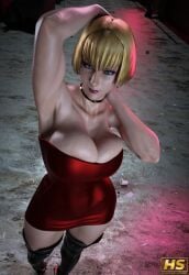 3d bare_shoulders big_breasts blonde_hair bloody_roar blue_eyes blush boots breasts british british_female bursting_breasts busty choker dress earrings eyeshadow female female_focus female_only hagiwara_studio hourglass_figure jenny_burtory jenny_the_bat konami large_breasts makeup mascara nail_polish short_hair tagme thigh_boots wide_hips