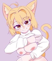 1girls ahoge animal_ear_fluff animal_ears arcueid_brunestud blonde_hair blush breasts cat_ears cat_tail erect_nipples exposed_breasts female huge_breasts looking_at_viewer melty_blood nipples red_eyes short_hair smile sweater_lift tsukihime upper_body vanchokabancho