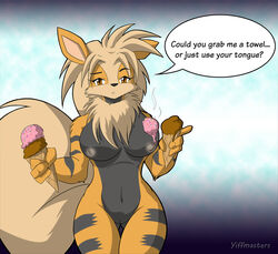 1girls 2018 anthro anthrofied arcanine big_tail black_fur breasts brown_eyes canine dessert dialogue english_text eyelashes female female_only food fur furry ice_cream mammal messy navel nintendo nipples nude orange_fur original_character pokemon pokemon_(species) pokemon_rgby pussy solo stripes tail text thigh_gap watermark yiffmasters